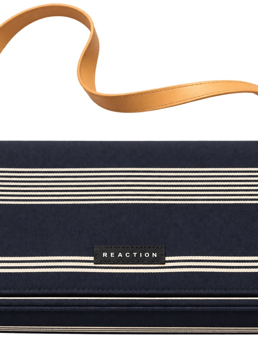 Reaction Navy Cream Striped Canvas Shoulder Bag Tan Strap Preppy Nautical NWOT